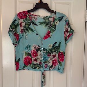 Blue Pink Short Sleeve Crop Tie Front Blouse tropical beachwear Hawaiian